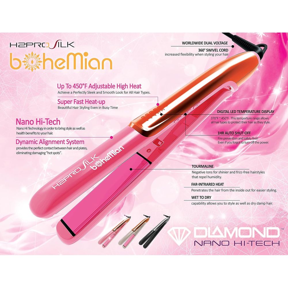 H2Pro Silk Bohemian 1" 450℉ Ceramic Tourmaline Styling Iron with Nano HI-TECH Plate - Beauty Exchange Beauty Supply